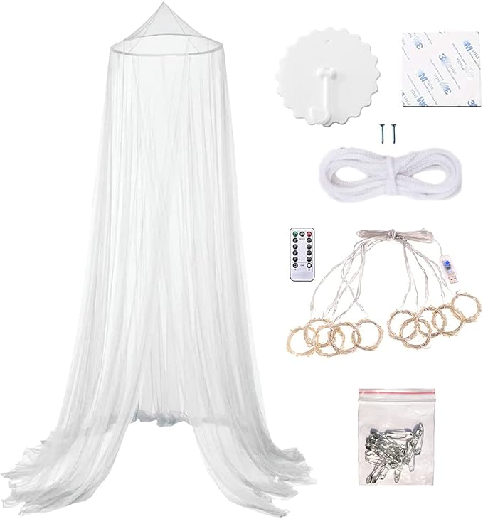 Eimilaly Bed Canopy Mosquito Net with 250pcs Colorful Curtain Lights, Bed Canopy for Girls Room Decor or Theme Party, White/Color Lights