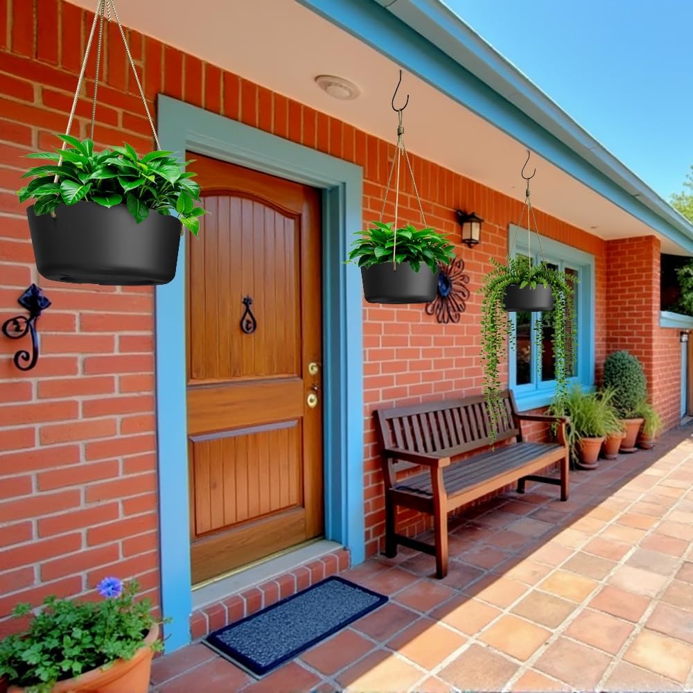 10.7 Inch Hanging Planter for Outdoor Indoor Plants，2 Pack Hanging Flower Pots with Drain Holes for Garden Home Decor Use (Black)