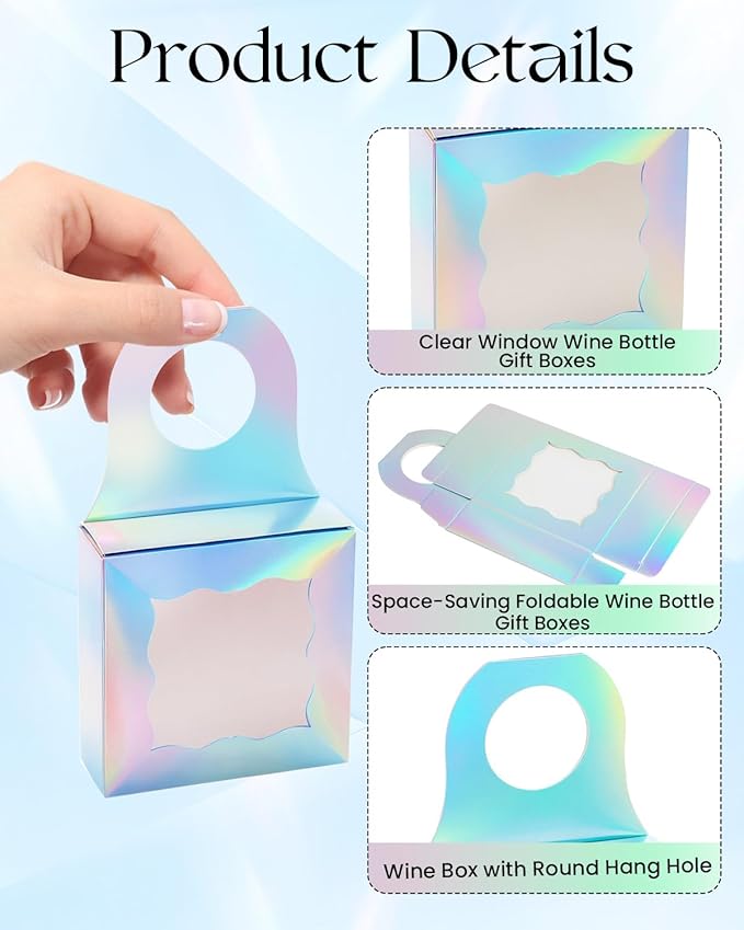 Megitzuu 20 PCS Wine Bottle Box with Clear Window, Hanging Wine Gift Box, Wine Bottle Tag Box for Gift, Wine Bottle Treat Box, Bottle Hanger Favor Box for Sweets, Cookies, Snack (Holographic Silver)