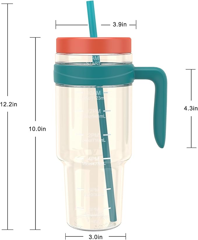 Tronco 50 oz Tritan Plastic Tumbler with Lid and Straw, BPA-Free Reusable Clear Water Bottle with Time Marker, 100% Leak Proof & Wide Mouth for Iced Coffee, Juice, Bubble Tea, Smoothies