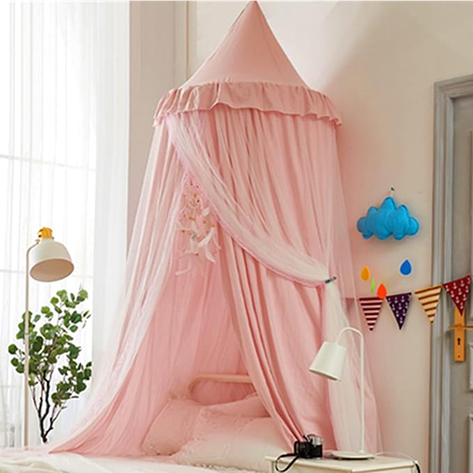 VETHIN Bed Canopy for Kids with Lights,Double Layer Princess Round Dome Children Dreamy Mosquito Net Bedding Girls Room Castle Play Tent Hanging House Decor Reading Nook Canopies(Beige Pink/White)