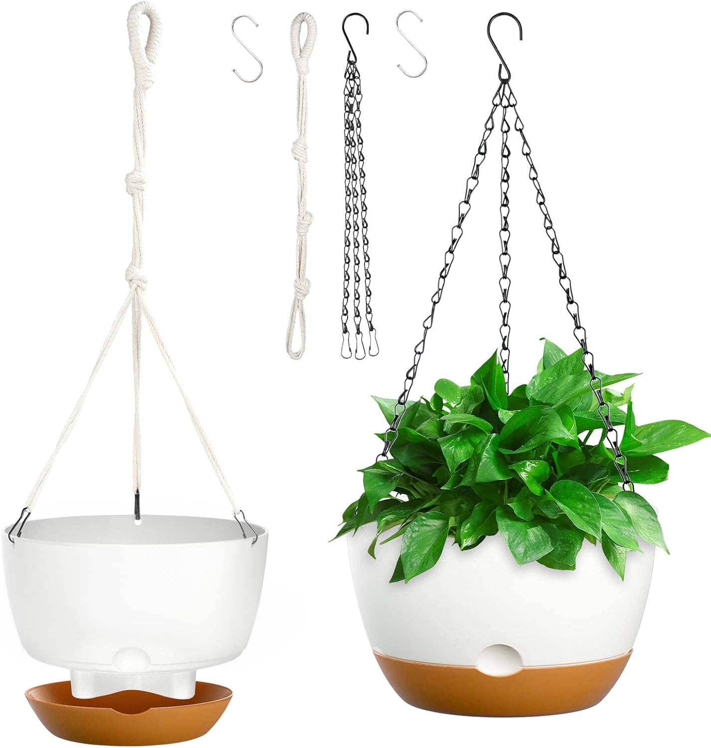 10 Inch Hanging Planters for Indoor & Outdoor Plants (2 Pack) - Self-Watering & Drainage Flower Pots with 2 Kinds of Plant Hangers for Home Decor & Garden (White, 10 in)