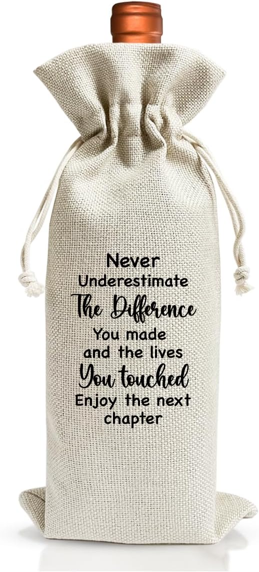 Retirement Gifts Wine Bag, Retirement Thank You Gift For Colleagues Friend Employee Boss, Never Underestimate the Difference You Make Reusable Linen Bags