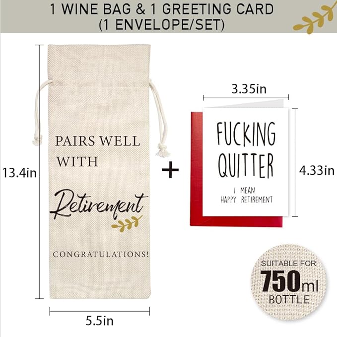 Retirement Gifts for Woman Men, Pairs Well With Retirement Wine Bag, Retirement Gifts Leaving Gifts for Colleagues BBF Boss Doctors Nurse Teachers Retirees, 1 Wine Bag with 1 Funny Retirement Card