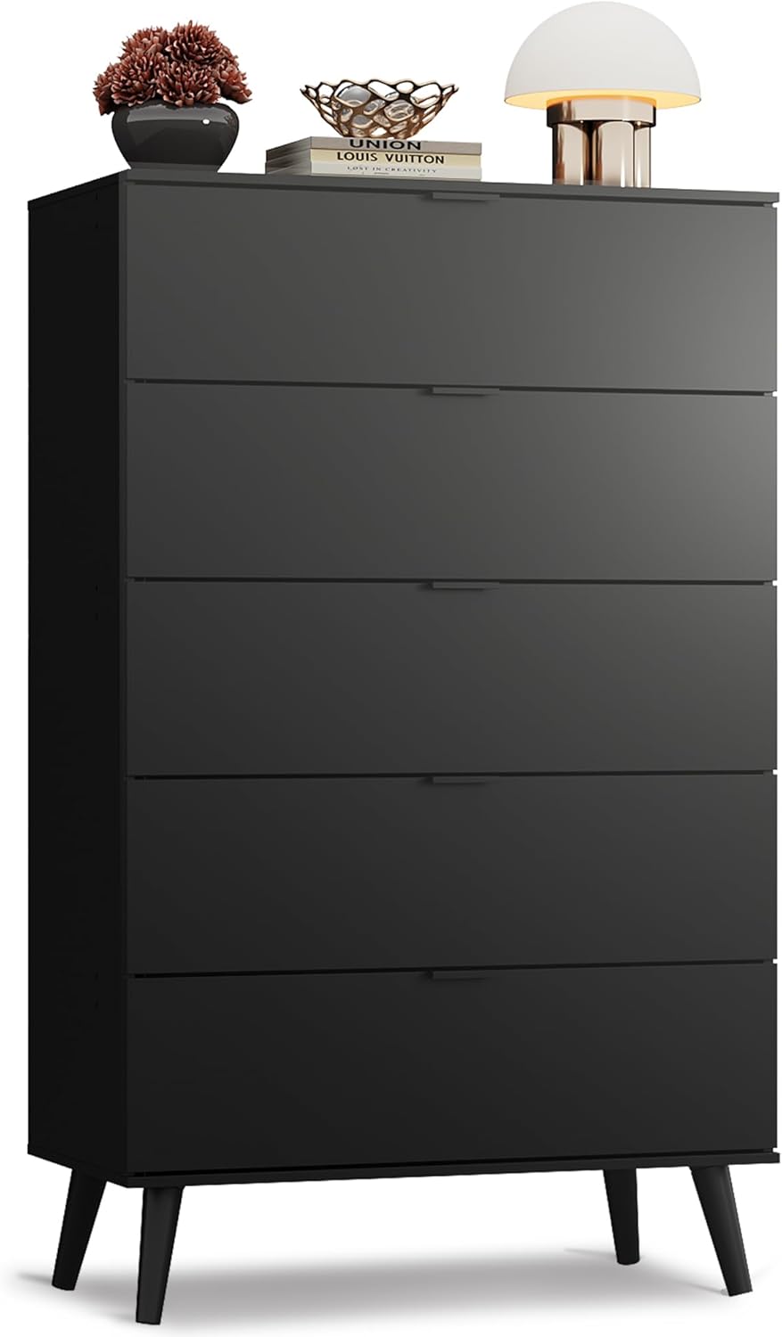 WLIVE 5 Drawer Dresser for Bedroom, Tall Wood Dresser, Black Dressers Storage Organizer with Sturdy Metal Handle, Chest of Drawers for Living Room, Hallway, Closet