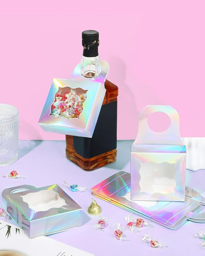 Megitzuu 20 PCS Wine Bottle Box with Clear Window, Hanging Wine Gift Box, Wine Bottle Tag Box for Gift, Wine Bottle Treat Box, Bottle Hanger Favor Box for Sweets, Cookies, Snack (Holographic Silver)