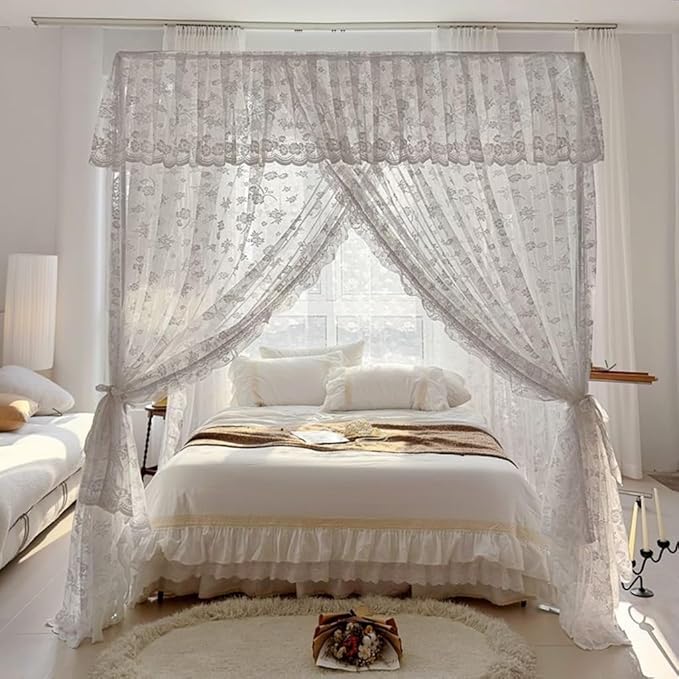 Elegant Princess 4 Corner Post Mosquito Net Romantic for Girls Women Bed Curtain Canopy for Adult Wedding Bedroom Kids Rooms Decoration (Type2-Beige-White, California King)