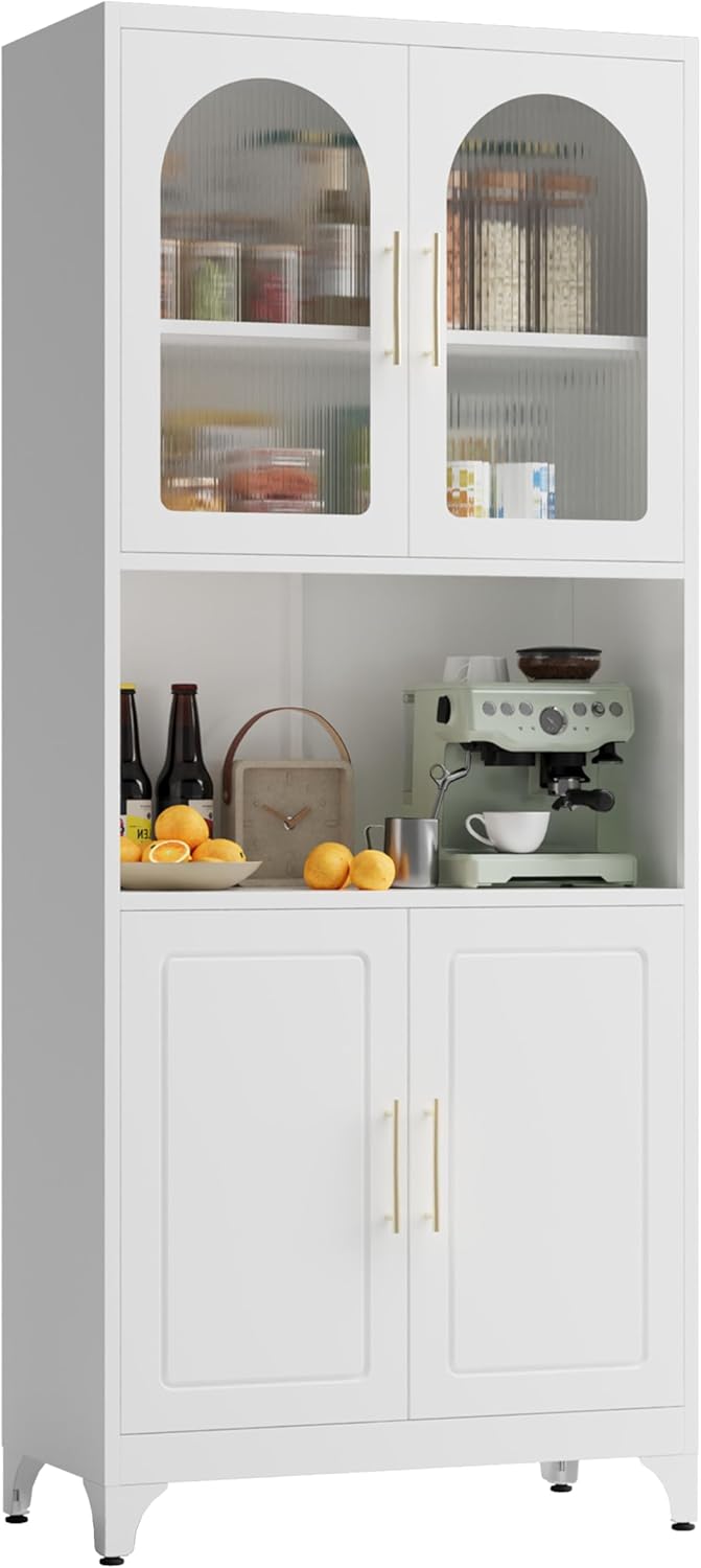 75" Tall Kitchen Pantry Cabinet, Metal Storage Cabinets with Acrylic Doors and Adjustable Shelves, Hutch Cabinet with Storage, White Microwave Stand Cabinets for Dining Living Room