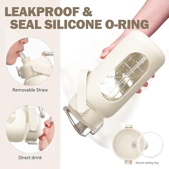 kytffu 42oz Glass Water Bottles with Straw, Motivational Glass Bottle with Silicone Sleeve and Time Marker, Leakproof Large Glass Water Jug for Gym Home Office,White