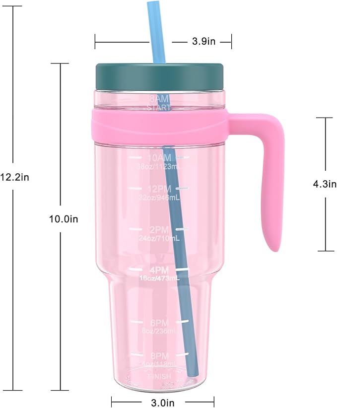 Tronco 50 oz Tritan Plastic Tumbler with Lid and Straw, BPA-Free Reusable Clear Water Bottle with Time Marker, 100% Leak Proof & Wide Mouth for Iced Coffee, Juice, Bubble Tea, Smoothies