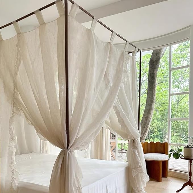 Elegant Modern Linen Princess 4 Corner Post Mosquito Net Romantic for Girls Women Bed Curtain Canopy for Adult Wedding Bedroom Kids Rooms Decoration (White-Beige, California King)