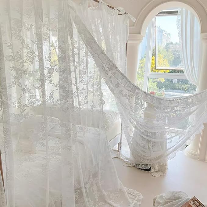 Elegant Lace Princess 4 Corner Post Mosquito Net Romantic for Girls Women Bed Curtain Canopy for Adult Wedding Bedroom Kids Rooms Decoration (Type3-Beige-White, Queen)