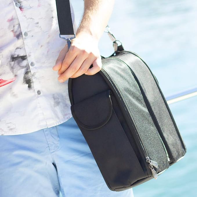 CaddyO Dual Travel Tote with 2 Wine Chillers, adjustable shoulder strap, 6 storage pockets, Sommelier Bottle Opener, 3 layers insulation. Zips apart - becomes two individual totes.
