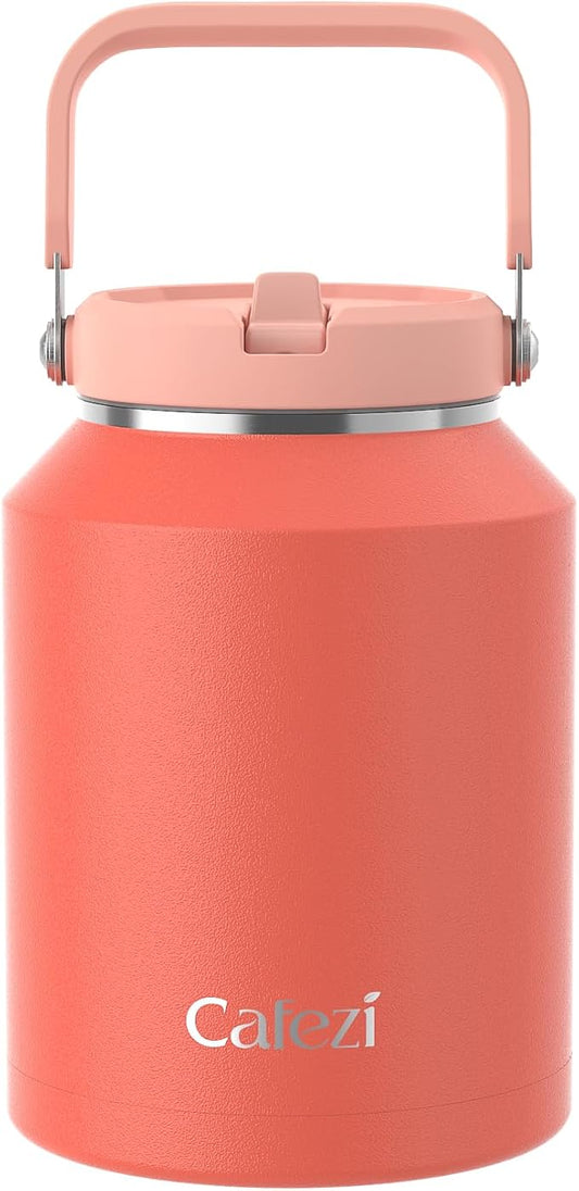 Insulated Water Bottle 64 oz, Stainless Steel Water Bottles with Flip Straw and Top Handle, Leak Proof, Iced for 34 Hours, Vacuum Insulated Water Bottle for Home, Office, Hiking, Car
