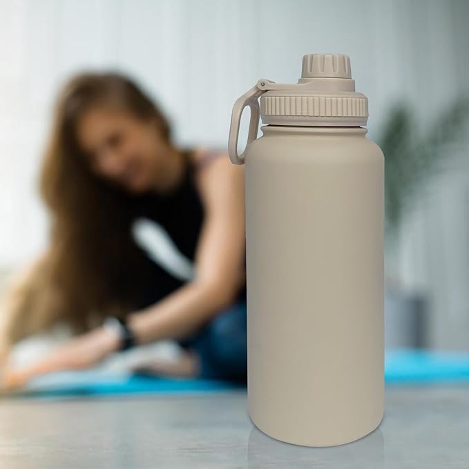 32oz Insulated Water Bottle ，Stainless Steel Sports Water Cup Flask with 2 Lids, Wide Mouth Travel Thermal Mug,Outdoor Sports Bottle（Cream apricot）