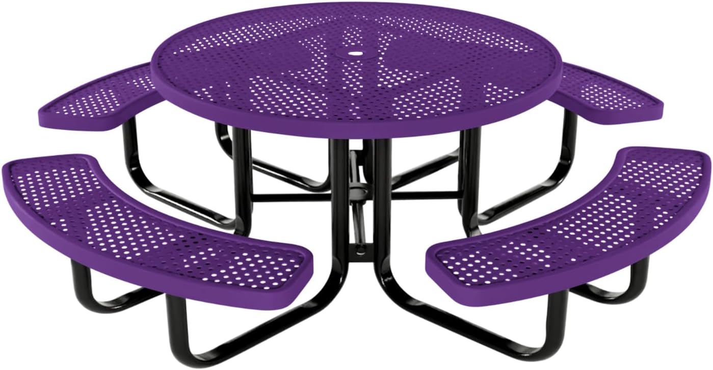 Heavy-Duty Portable Outdoor Kids Table with Umbrella Hole, Punched Steel Kids Picnic Table, Commercial-Grade, Made in America (46 in, Round, Childrens, Textured Purple)