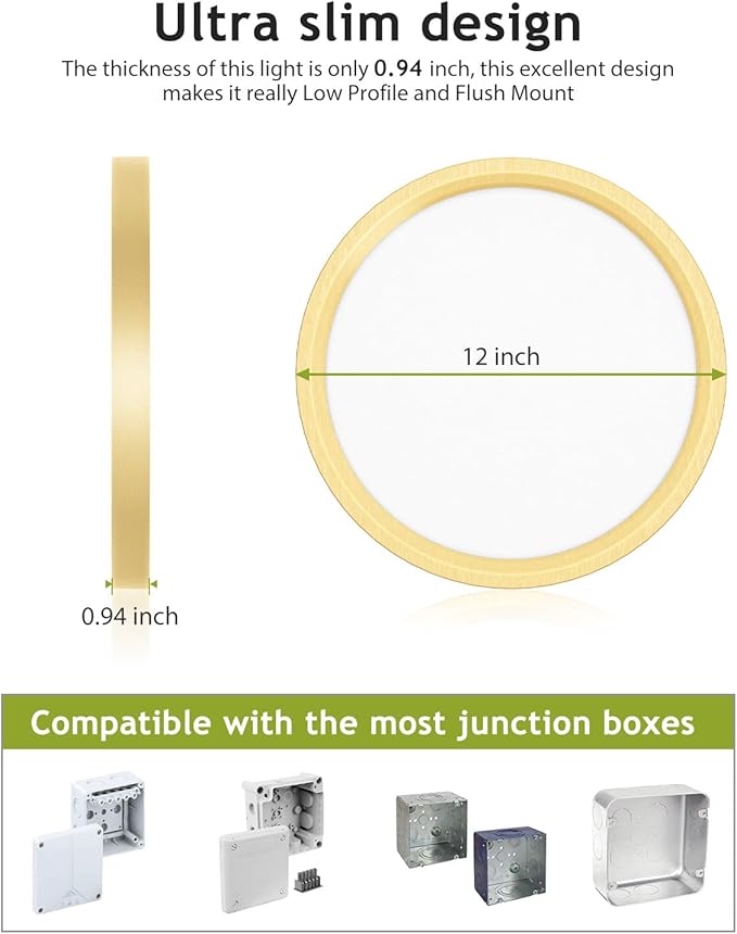 hepside 2PACK Flush Mount LED Ceiling Light Fixture Golden, 12Inch 28W, Dimmable 3000K-4500K-6000K 3 Color Selectable Ceiling Lamp 3200LM Low Profile Ceiling Light for Kitchen Bedroom Hallway