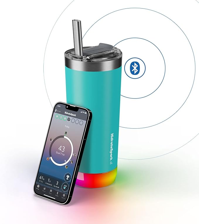 Hidrate Spark PRO Smart Tumbler Bundle – Insulated Stainless Steel – Tracks Water Intake with Bluetooth, LED Glow Reminder When You Need to Drink – 20oz, Sea Glass + 3 Straws