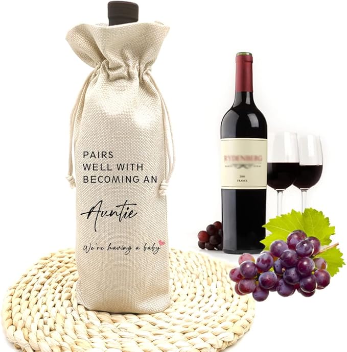 Pregnancy Announcement Wine Bag - Pairs Well With Becoming An Auntie, GENDER NEUTRAL Pregnancy Announcement Wine Bag, Baby Announcement to Auntie Wine Bag, Pregnancy Reveal(5SW19106)
