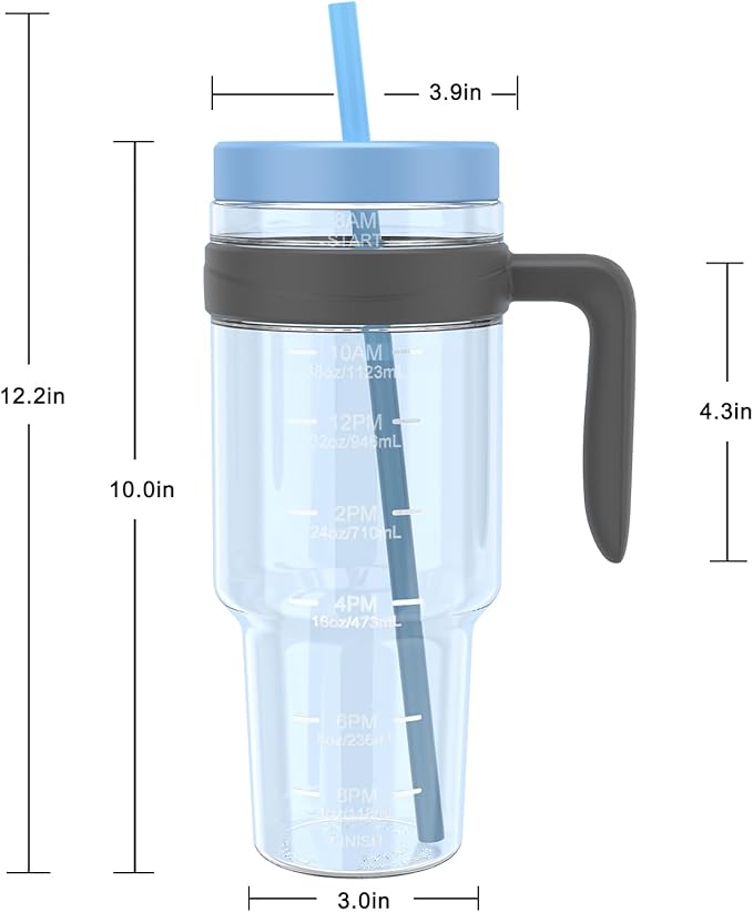 Tronco 50 oz Tritan Plastic Tumbler with Lid and Straw, BPA-Free Reusable Clear Water Bottle with Time Marker, 100% Leak Proof & Wide Mouth for Iced Coffee, Juice, Bubble Tea, Smoothies