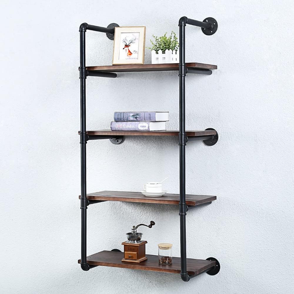 Industrial Pipe Shelving Wall Mounted,24in Rustic Metal Floating Shelves,Steampunk Real Wood Book Shelves,Wall Shelf Unit Bookshelf Hanging Wall Shelves,Farmhouse Kitchen Bar Shelving(4 Tier)