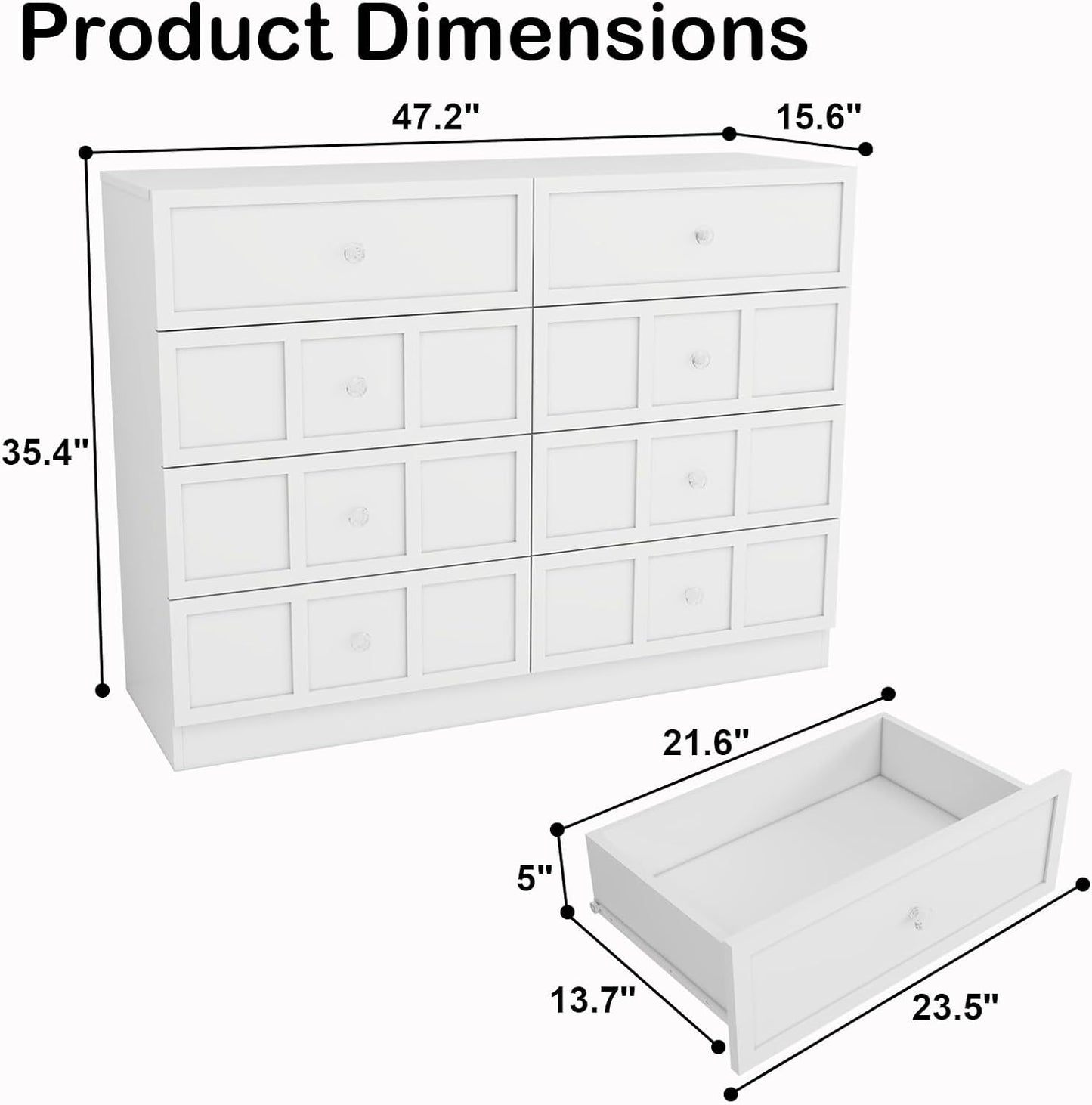 Wood Dresser for Bedroom 8 Drawer: 47" White Chest of Drawers Wood, Modern Fluted Cabinet with Sturdy Storage, Wide Aesthetic Furniture for Room Organization