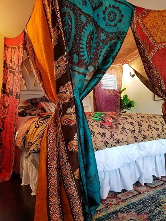EthinicCraftHub® Bed Canopy King Size Bali HI Made to Order Gypsy Hippy India Sari Saree Curtain Bedroom Decor Bohemian Chic