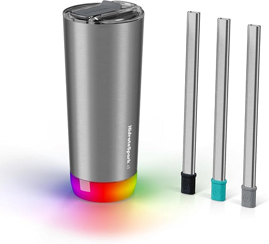 HidrateSpark PRO Smart Tumbler Bundle – Insulated Stainless Steel – Tracks Water Intake with Bluetooth, LED Glow Reminder When You Need to Drink – 20oz, Brushed Stainless Steel + 3 Straws