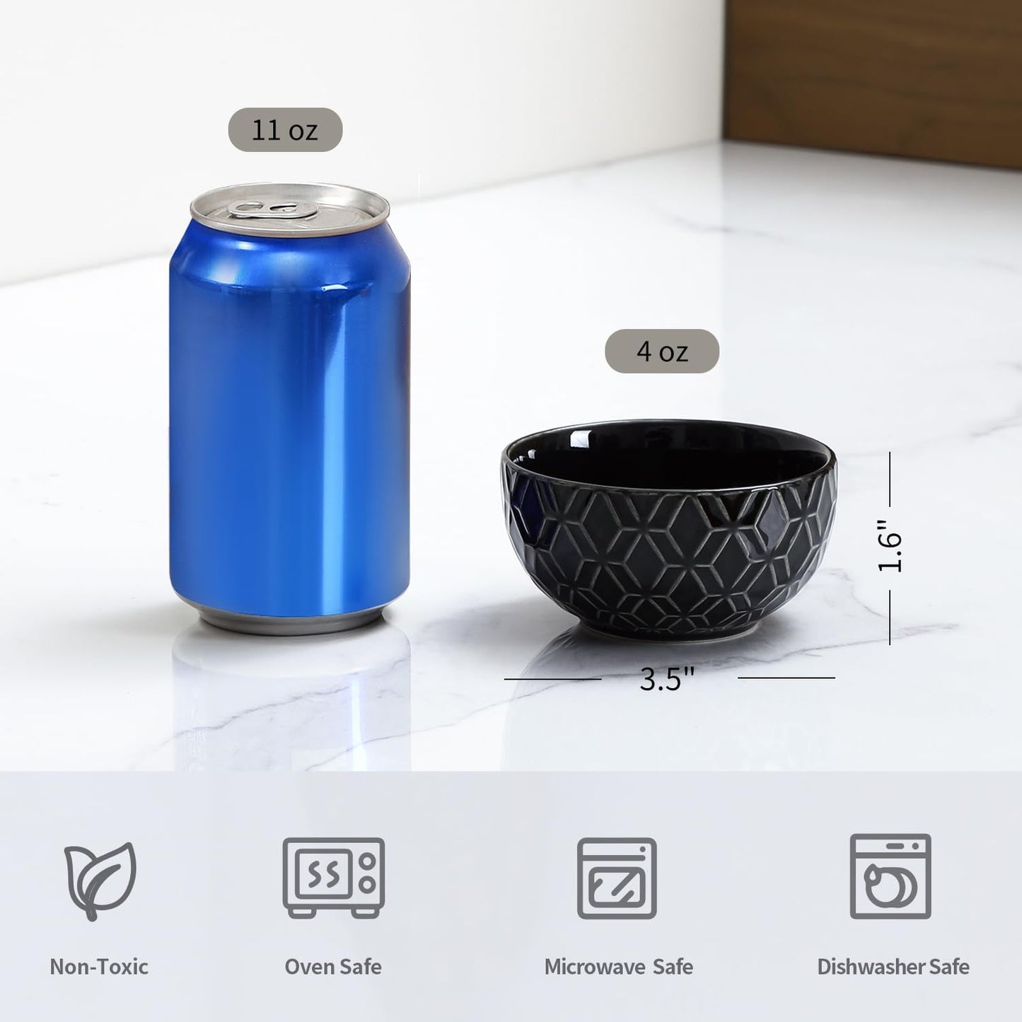 Sureasy Small Bowls 4 OZ, 3.5 Inch Dipping Bowls, Ceramic Embossed Mini Bowl for Side Dishes, Sauces, Appetizer, Housewarming, Set of 4, Black