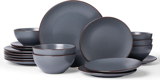 Famiware Venus Plates and Bowls Sets, 18 Pieces Stoneware Dinnerware Sets, Speckled Dishes Set for 6, Microwave and Dishwasher Safe, Matte Charcoal