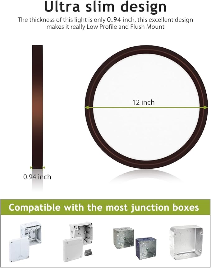 hepside 2PACK Flush Mount LED Ceiling Light Fixture Oil Rubbed Bronze, 12Inch 28W, Dimmable 3000K-4500K-6000K 3 Color Ceiling Lamp 3200LM Low Profile Ceiling Light for Kitchen Bedroom Hallway