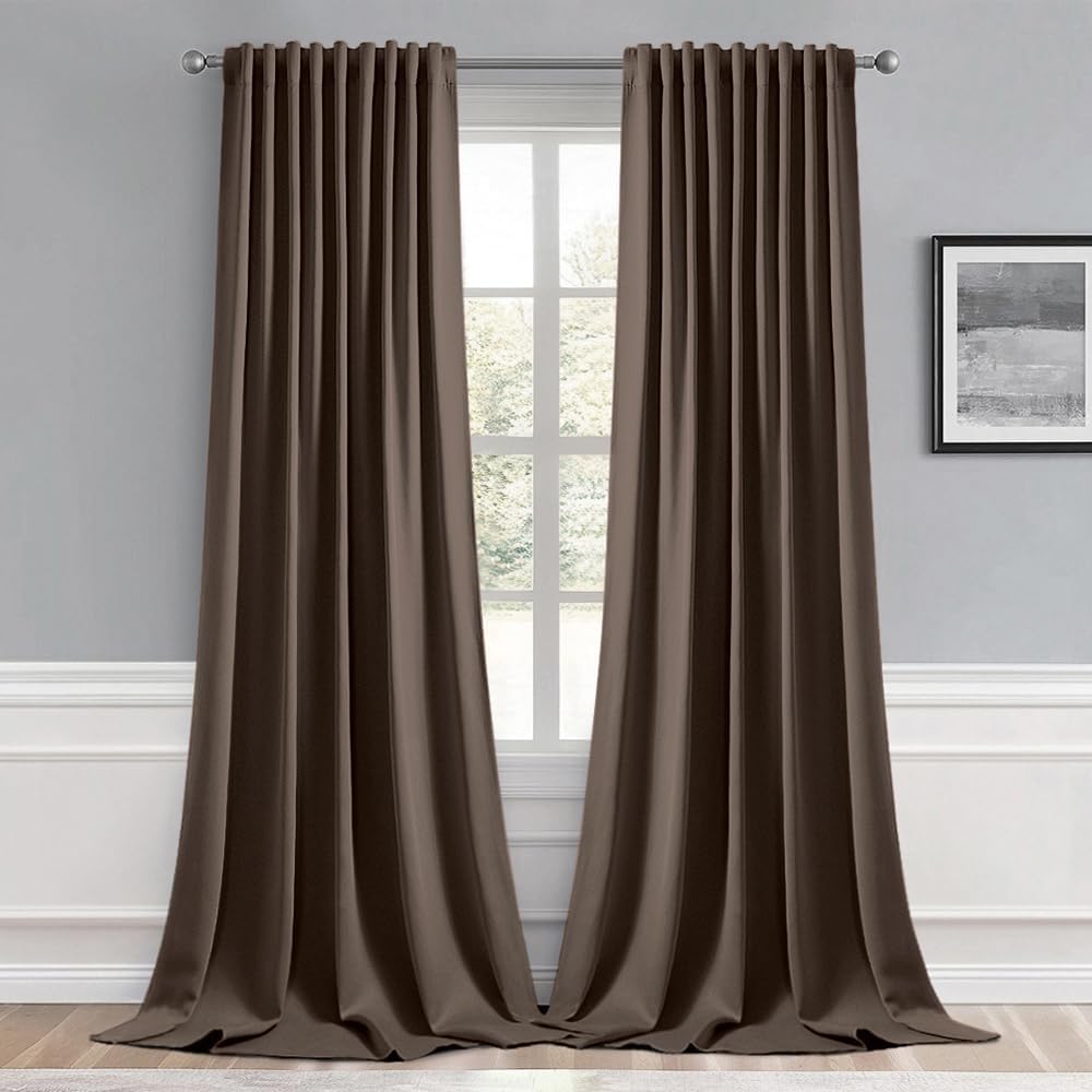 MIULEE Chocolate Brown Back Tab Blackout Curtain 96 Inch Long 2 Panels Set for Bedroom, Rod Pocket/Pinch Pleat Thermal Insulated Living Room Darkening Pleated Light Blocking Floor to Ceiling Drape