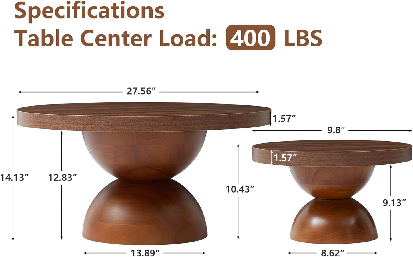 Solid Wood Round Nesting Coffee Table Set of 2, Circle Accent Tables with Unique Semi-Circular Legs, Modern Farmhouse Side End Table Set for Small Space Living Room Office (Walnut)