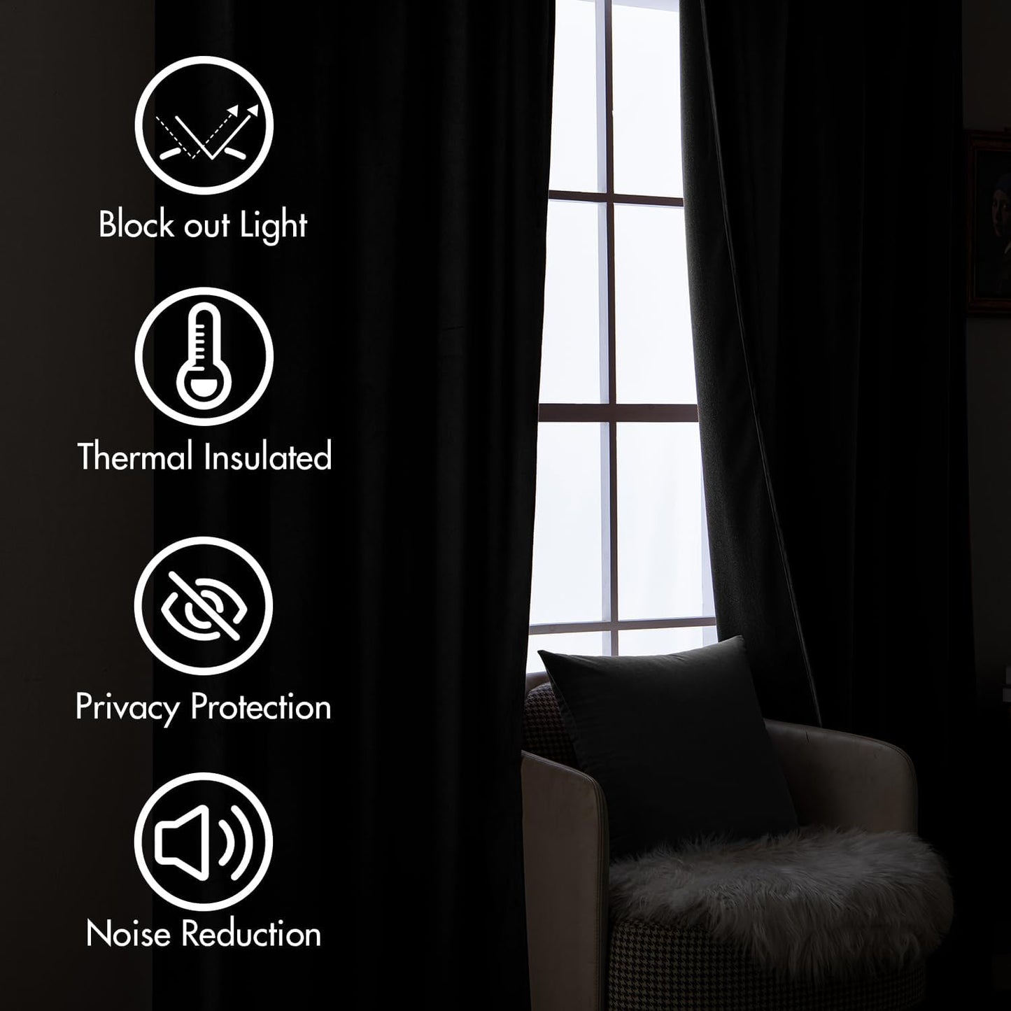 MIULEE Black Velvet Curtains 90 inches Long 2 Panels - Luxury Pinch Pleated Room Darkening Window Drapes for Bedroom Living Room Thermal Insulated Super Soft Blackout, Back Tab Rod Pocket