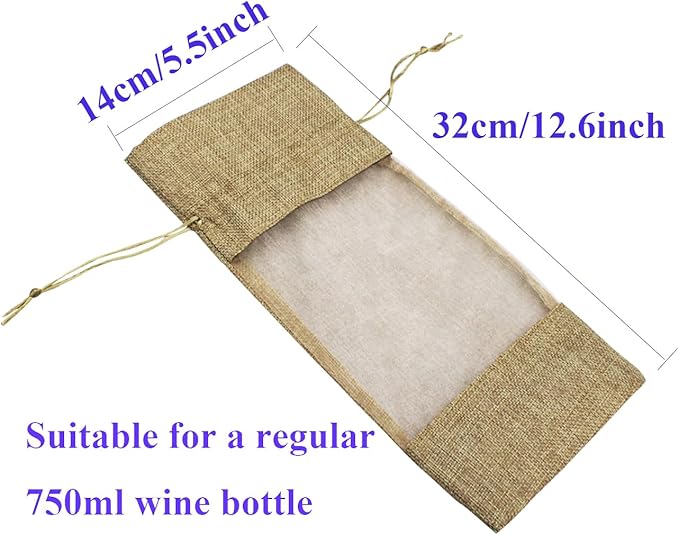 Burlap Drawstring Wine Bags, 12 Pcs Burlap Wine Bags with Sheer Window, Jute Wine Bags with Clear Window for Wedding, Party Favors, Christmas, and Holiday - Natural