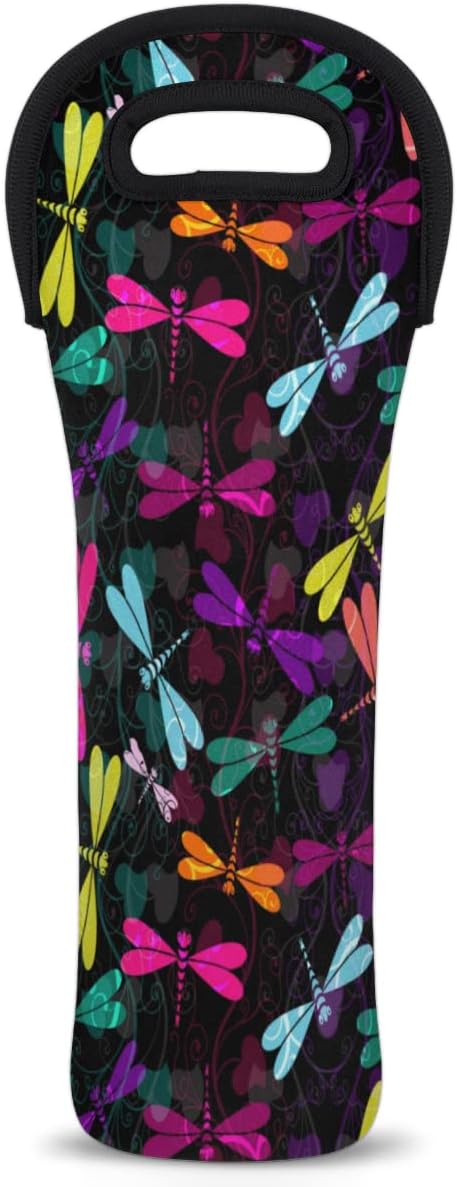 Dragonfly Ornaments Wine Gift Tote Carrier Black Purple Neoprene Wine Tote Bags Holder Cooler Wine Lover Gift