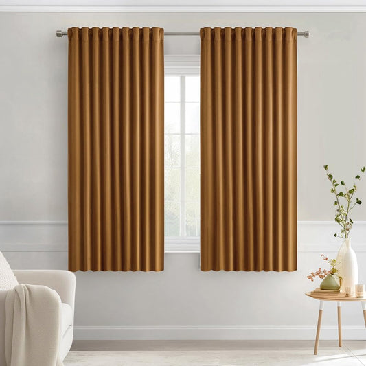 MIULEE Golden Brown Back Tab Blackout Curtains 63 Inch Length 2 Panels Set for Living Room Bedroom Privacy, Rod Pocket/Pinch Pleat Thermal Insulated Room Darkening Pleated Light Blocking Drapes