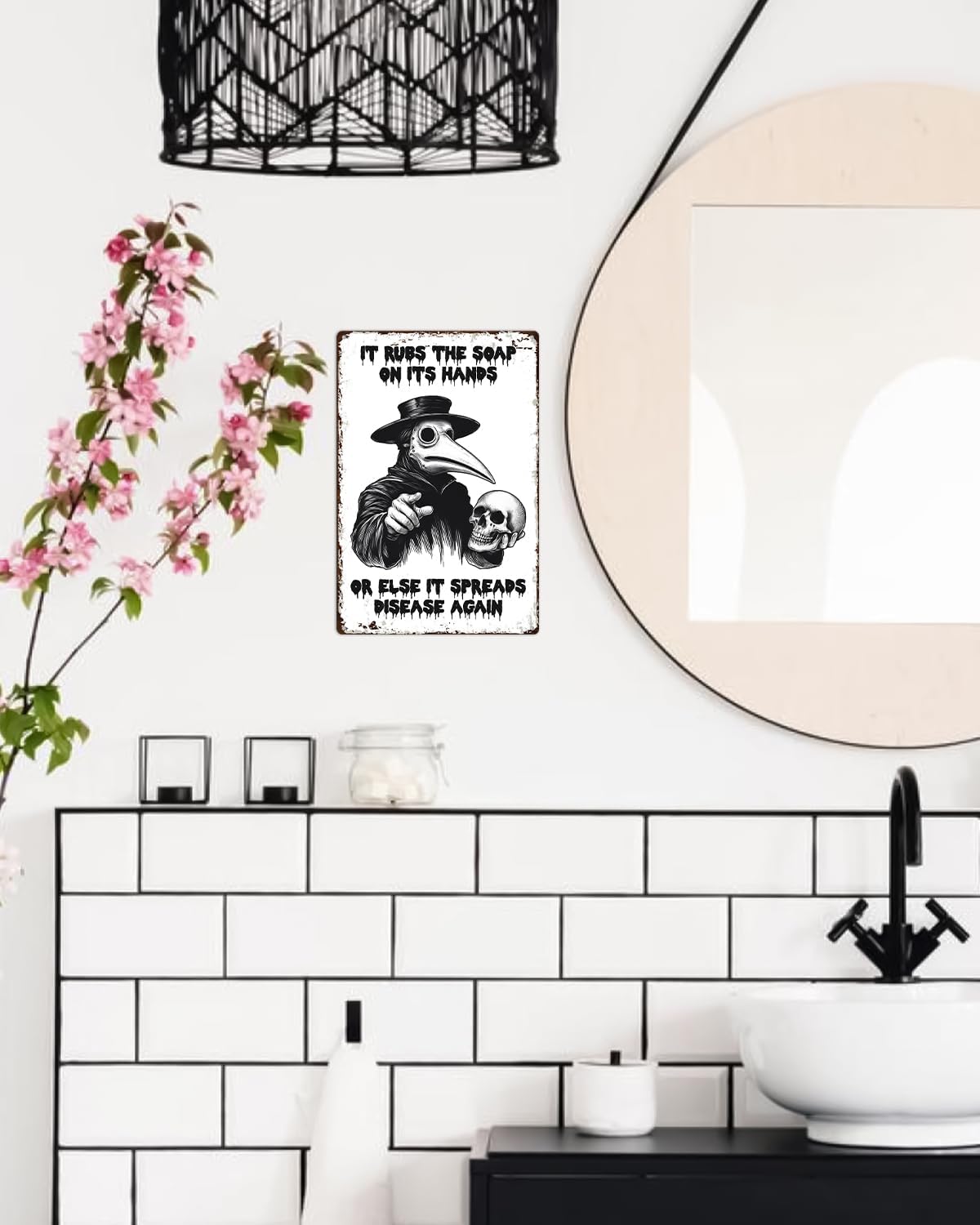 ALKB Halloween Bathroom Decor 8 x 12 Inch - Goth Plague Doctor Metal Tin Sign,Gothic Lovers Gifts,IT RUBS THE SOAP ON ITS HANDS