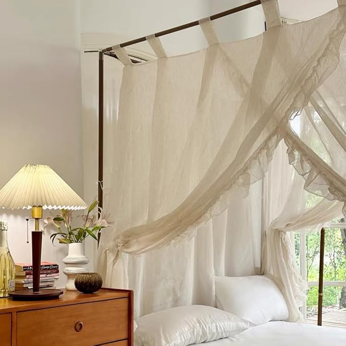 Elegant Modern Linen Princess 4 Corner Post Mosquito Net Romantic for Girls Women Bed Curtain Canopy for Adult Wedding Bedroom Kids Rooms Decoration (White-Beige, Queen)