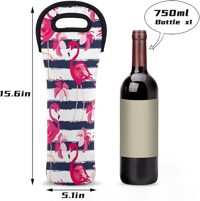 Flamingo Stripe Single Bottle Wine Gift Tote Carrier Neoprene Wine Tote Bags Holder Cooler Wine Lover Gift