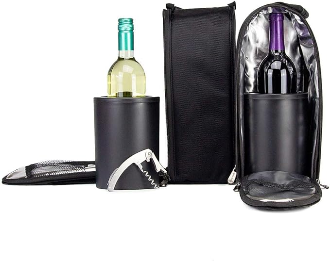 CaddyO Dual Travel Tote with 2 Wine Chillers, adjustable shoulder strap, 6 storage pockets, Sommelier Bottle Opener, 3 layers insulation. Zips apart - becomes two individual totes.