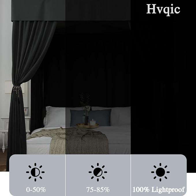Hvqic Black Canopy Bed Curtains - 4 Corner Post Bed Curtains Queen Bed Curtains Lightproof Drapes Bed Canopy for Adults & Girls Bedroom Decoration (Queen,Black)