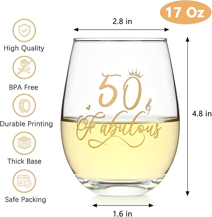 DAZLUTE 50th Birthday Gifts for Women, 50 & Fabulous Wine Glass with 1 Pack Reusable Burlap Wine Bag, 50 Year Old Wine Glass Birthday Gift for Women Mom Friend Sister Wife Aunt Grandma, 17 Oz Gold