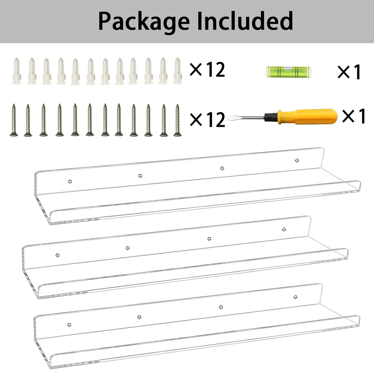 Weiai Clear Acrylic Floating Shelves 24 inches, Wall Bookshelf for Kids, Transparent Book Shelf Ledge for Wall, Set of 3