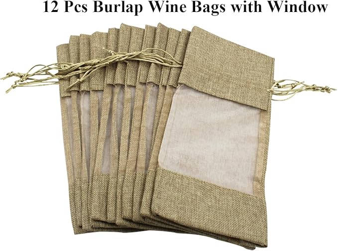 Burlap Drawstring Wine Bags, 12 Pcs Burlap Wine Bags with Sheer Window, Jute Wine Bags with Clear Window for Wedding, Party Favors, Christmas, and Holiday - Natural