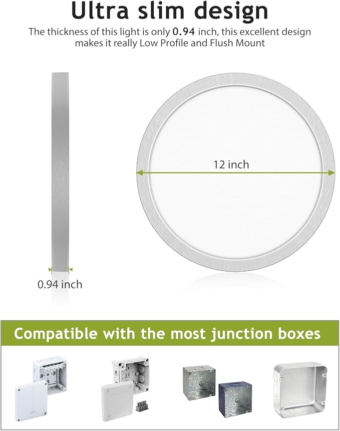 hepside 2PACK Flush Mount LED Ceiling Light Fixture Brushed Nickel, 12Inch 28W, Dimmable 3000K-4500K-6000K 3 Color Selectable Ceiling Lamp 3200LM Low Profile Ceiling Light for Kitchen Bedroom Hallway