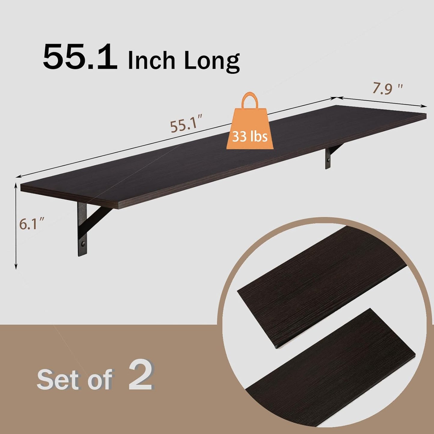 DINZI LVJ Long Wall Shelves, 55.1Inch Wall Mounted Shelves Set of 2, Extra Large Floating Storage Ledges with Sturdy Metal Brackets for Living Room, Bathroom, Bedroom, Kitchen, Espresso