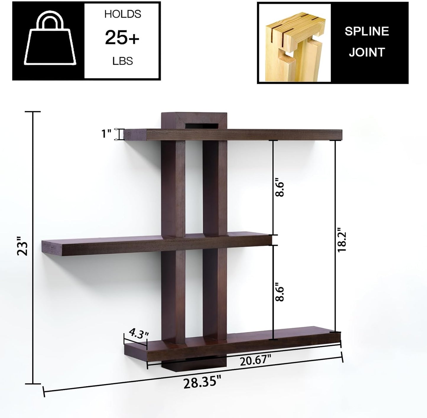 Variable Floating Shelves Wood Set of 3, Bathroom Shelves 28.35" Max, Rustic Shelves for Wall, Wall Shelves for Living Room Bathroom Bedroom Farmhouse - Dark Walnut Color - 28.35" x 23" x 4.3" Max