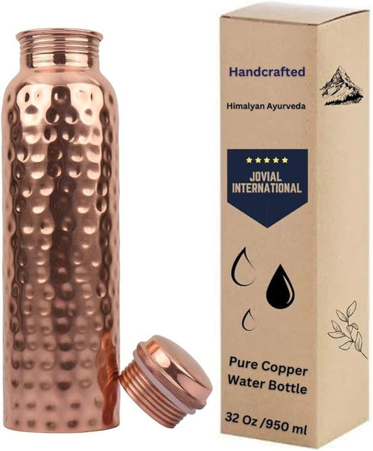 Himalayan Ayurveda Copper Water Bottle (32oz/950 ml) 100% Pure Handmade Hammered Ayurvedic Pure Copper Vessel for Drinking Heavy Duty & Leak-proof|Copper Water Bottle For Home, Office and Gifting