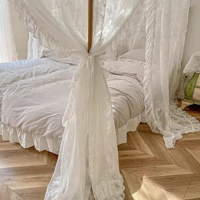 Elegant Lace Princess 4 Corner Post Mosquito Net Romantic for Girls Women Bed Curtain Canopy for Adult Wedding Bedroom Kids Rooms Decoration (Type3-Beige-White, King)